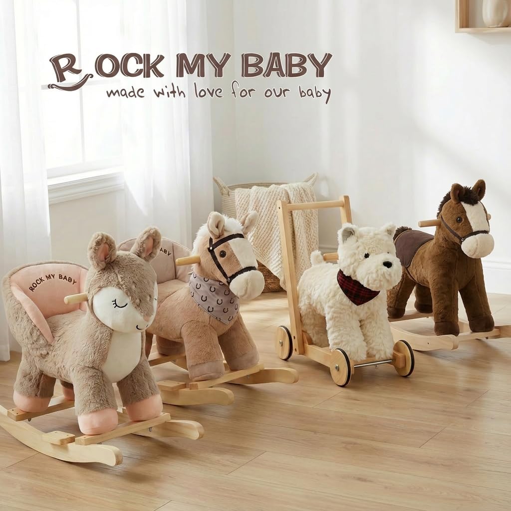 Rock My Baby Rocking Horse, Dark Brown Horse Rocker for Toddlers 18M+, Plush Ride on Horse Toy with Realistic Sound,Soft Stuffed Filling, CPC Certified