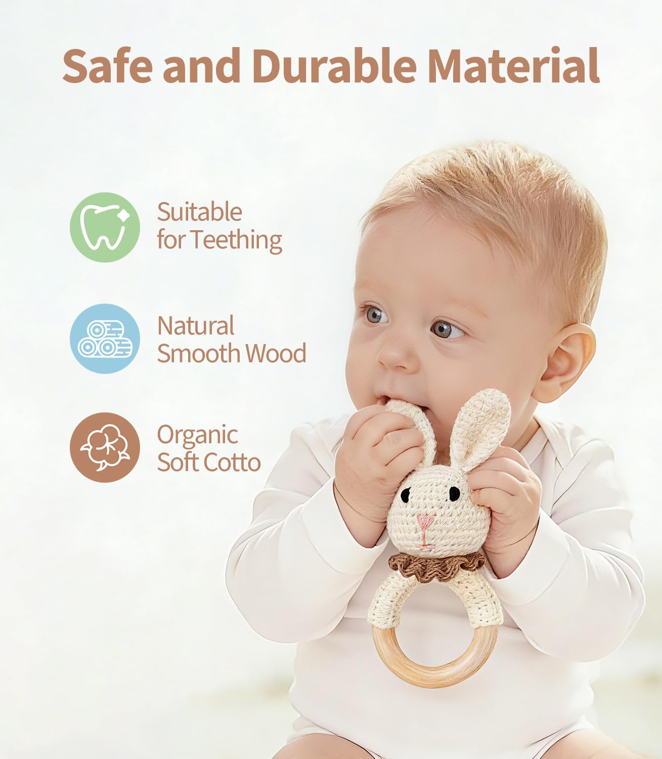 Baby Rattle Toys, Handcrafted Crochet Bunny Rattles with Wooden Teething Ring, Organic Newborn Toy Crochet Stuffed Animal Rattle Baby Announcement Ideas, Beige