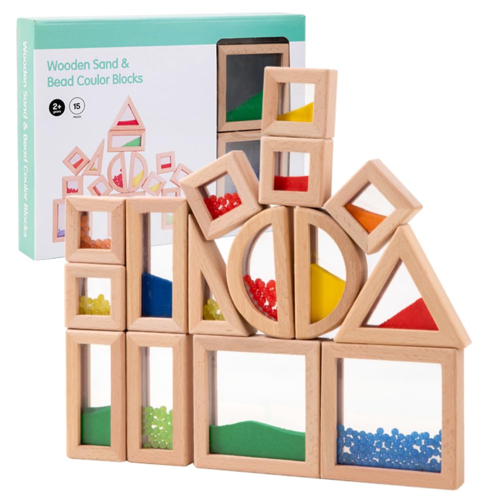 KAXCOT Rainbow Sensory Stacking Toys, Stem Education Building Block Set, 23 Wooden Beads, Fine Sand Sound Building Blocks, Toddlers, Infants, Children, Colorful Geometric Stacking Toys