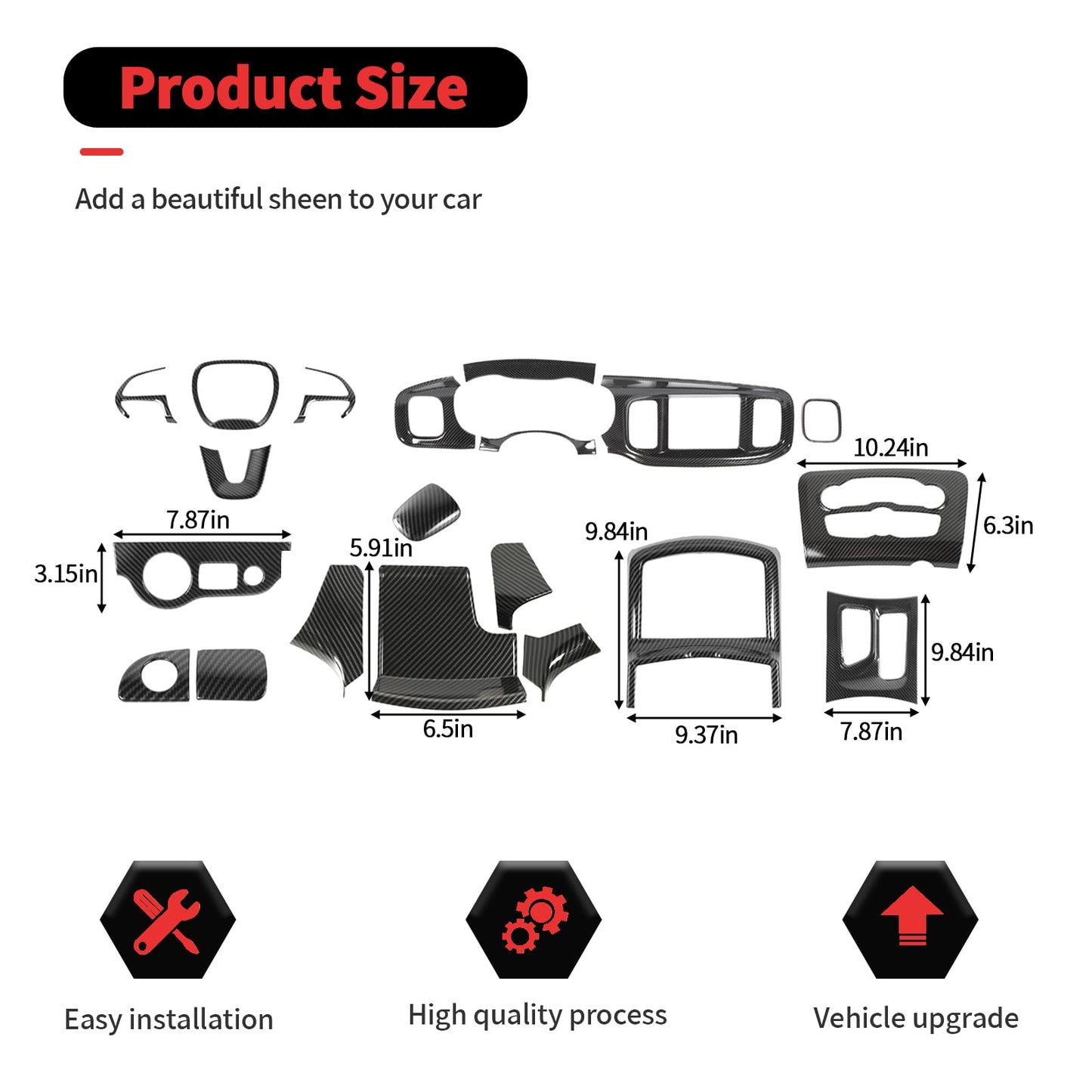 RT-TCZ Carbon Fiber Interior Trim Kit Cover Center Console Decoration Accessories for Dodge Charger 2015-2025,20PCS