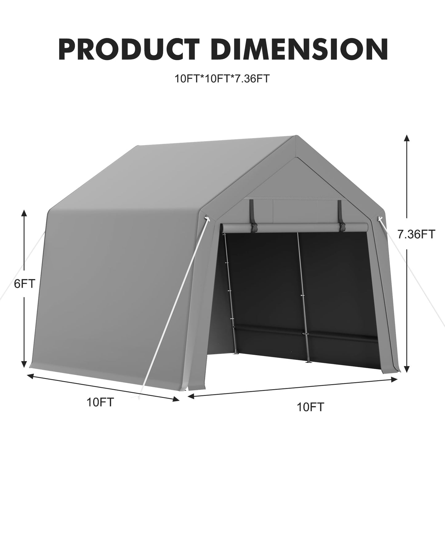 GarveeHome 10 x 10 Ft Carport Storage Shed, Portable Garage with Roll-Up Zipper Door, Heavy Duty Waterproof Tarp, Storage for Motorcycle, Bike, Firewood, Garden Tools, Grey