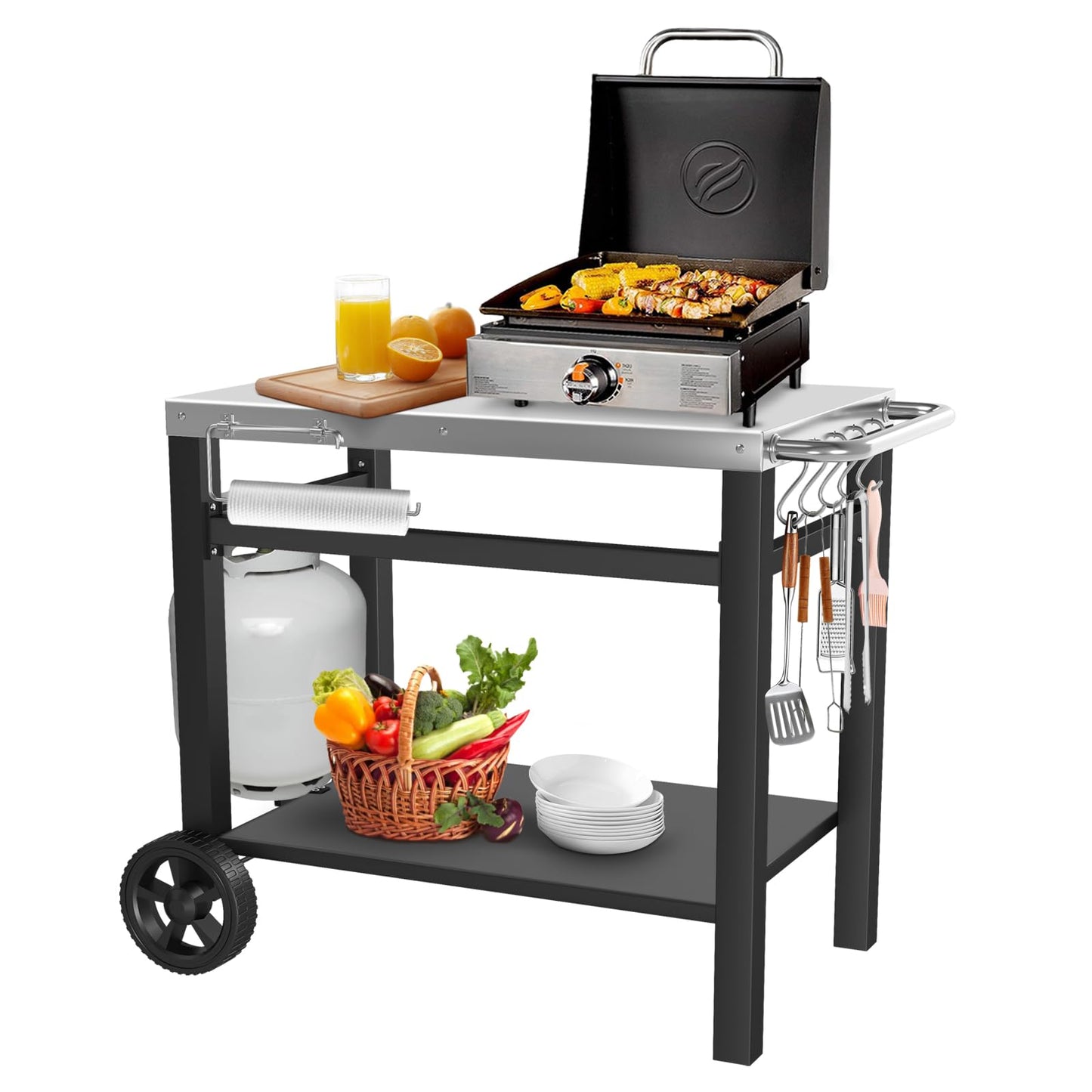 GRILL FORCE Grill Table, Movable Dining Cart, Pizza Oven Table Stand, Double-Shelf Grill Stand, Food Prep and Work Cart with Wheels, Hooks, Fits for Blackstone Ninja