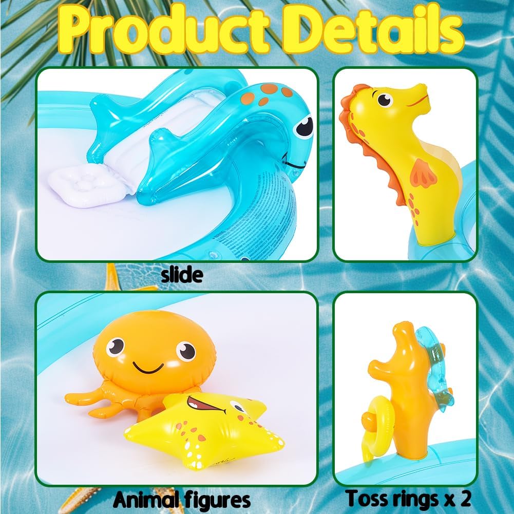 Inflatable Sea Animal Play Center, Inflatable Kids Swimming Pool with Water Slide, Water Sprayer, Sea Spray Kiddie Pool for Kids Children Summer Outdoor Splash, Backyard Garden Water Park