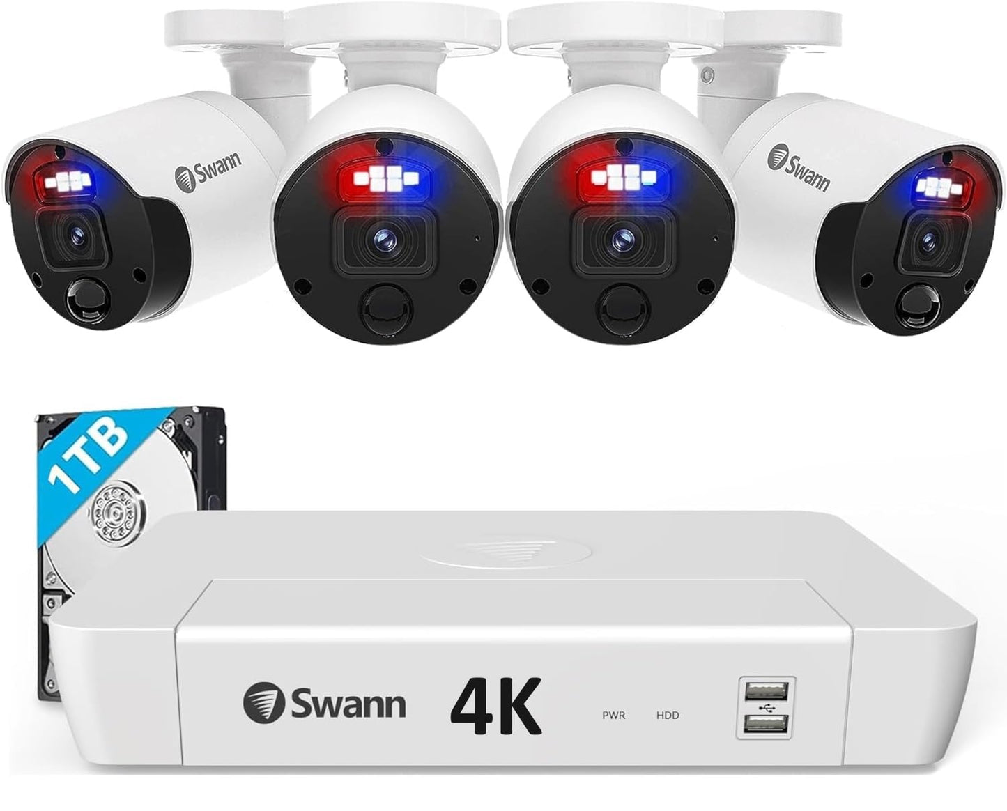 Swann Pro 4K Ultra HD, 8 Channel Security System, 1TB NVR, 4 Bullet PoE IP Cameras Outdoor, Wired Surveillance CCTV, Heat Motion Vehicle Detection, LED Light, 24/7 Recording Security Camera, 88980W4