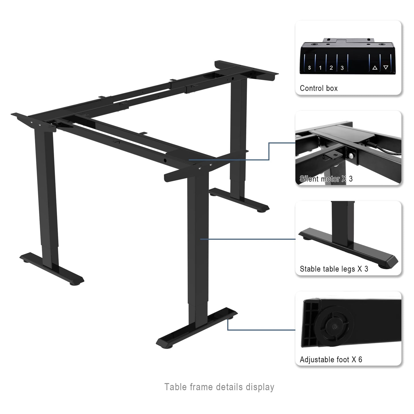 Fromann Adjustable 3 Legs Standing Desk Frame Base Electric Corner Sit-Stand Desk for Home and Office (Black)