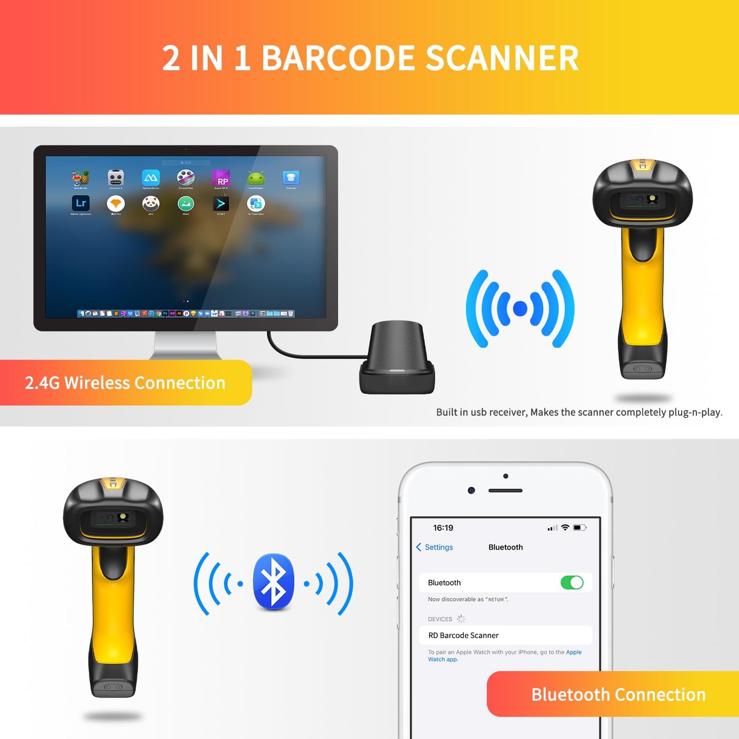 NETUM Upgraded QR Industrial Bluetooth Barcode Scanner with Charging Dock, Wireless 2D 1D Bar Code Reader 2600mAh Drop Protection Shock Dust Proof Hands Free for Windows Mac Android iOS (RD-1202W)