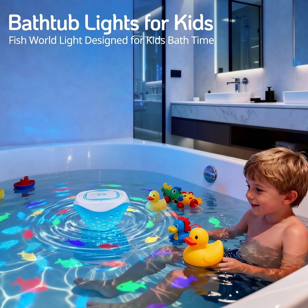 cambk Waterproof Bathtub Light for Kids, Battery Operated Fish Bath Lights for Tub & Bath Time, Color Changing Mood Lighting with Fish World Light Show