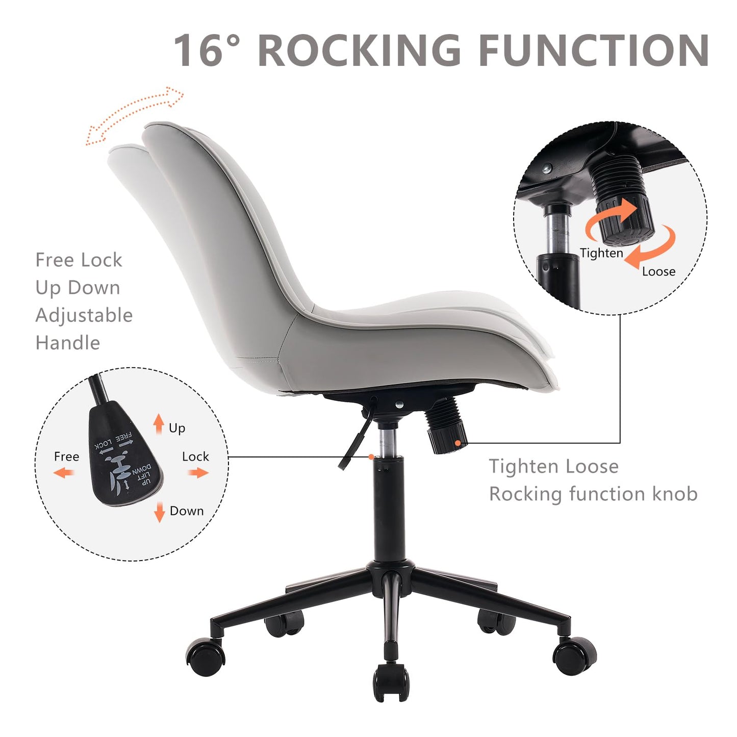 YOUNIKE Grey Ergonomic Home Office Desk Chair Armless Comfy Small Criss Cross Chair with Wheels Swivel Adjustable Modern Vanity Chair Wide Back Cute Leather Upholstered Rolling Task Chair No Arms