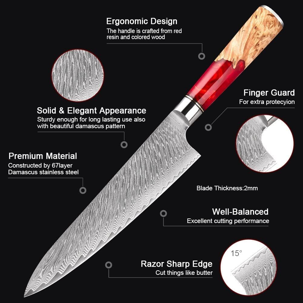 Epicurean Cook Damascus Kitchen Knife Set with VG10 Steel - 8-Piece Japanese Damascus Knife Set for Professional Performance - Ultra Sharp Chef Knives with Burl Wood Red Resin Handles