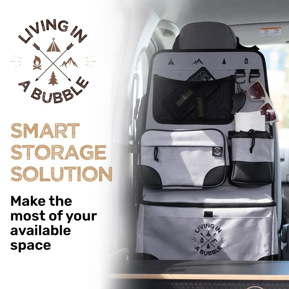 Living in a Bubble Seat back Organizer – Magnetic Toiletry and Cooler Pouch, Cordura Car Backseat Storage with Device Holder & Hooks, Multi-Compartment Utility Bag for Campervans & Family Travel