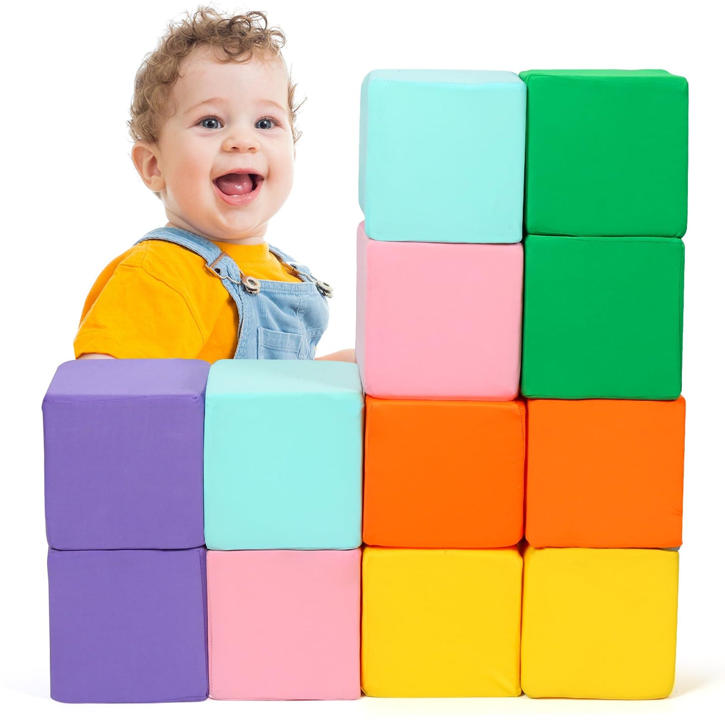Foam Blocks for Toddlers, 12 PCS Soft Building Blocks for Kids, Large Foam Cubes Colourful Stacking Block Sets - Throw & Play Toys with Washable Cover(Pink, Light Blue, Yellow, Orange, Green, Purple)