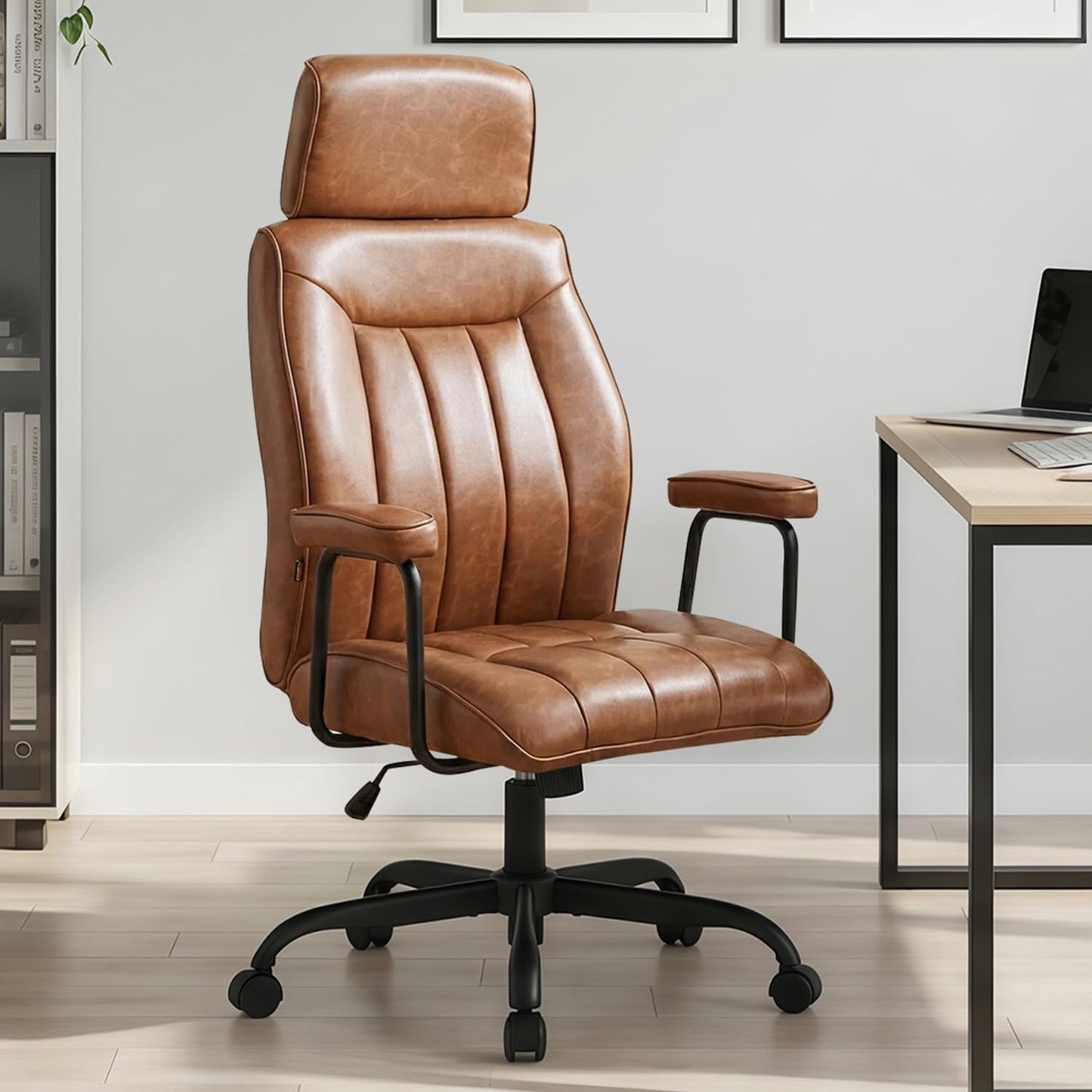 Furniliving Leather Office Chair with Adjustable Headrest, Mid-Century Modern High-Back Office Desk Chair, Ergonomic Computer Chair with Wheels, Armrests, Lumbar Support, Brown