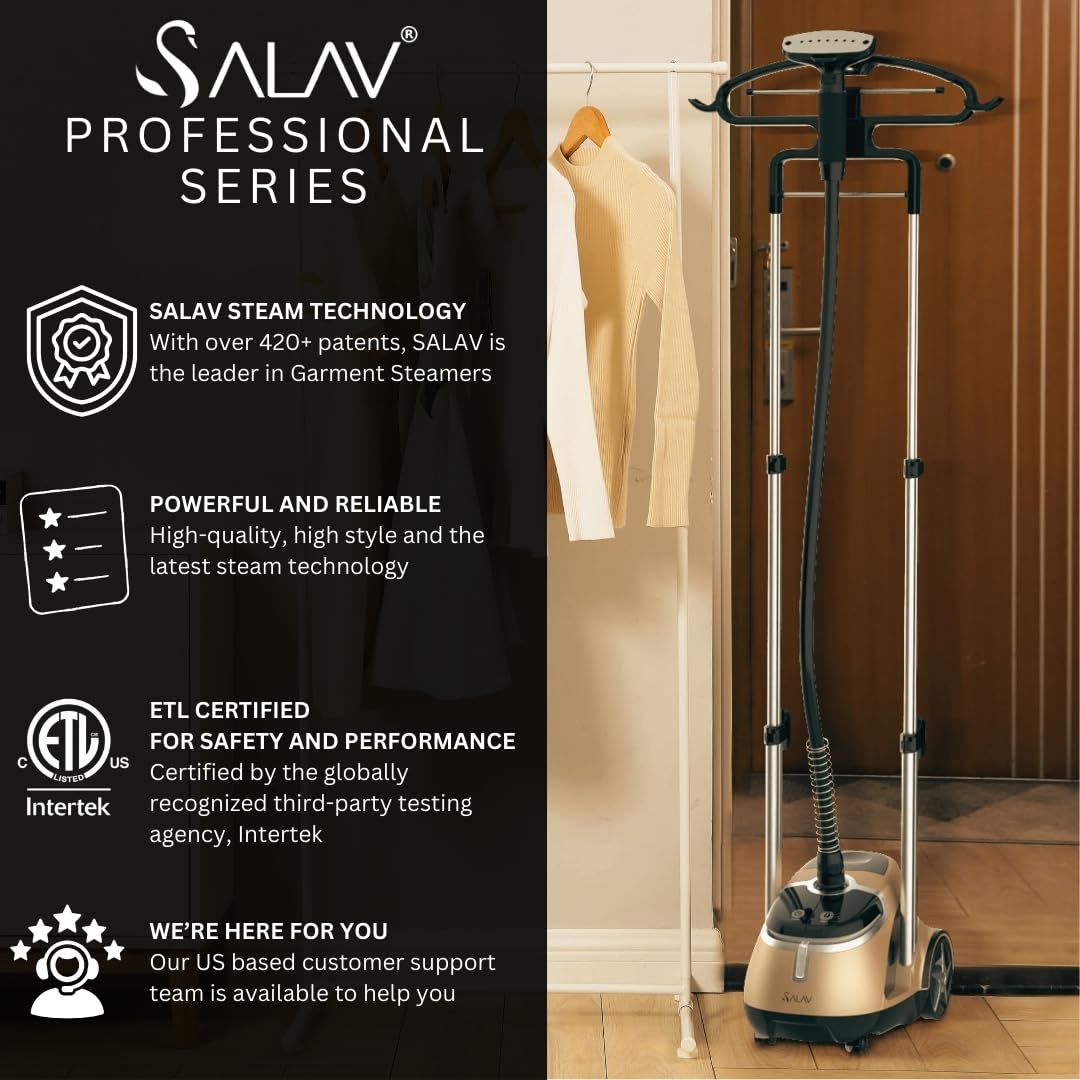 SALAV® Professional Standing Garment Steamer with Retractable Power Cord, Foot Pedal Control, Wheels for Easier Movement (Gold)