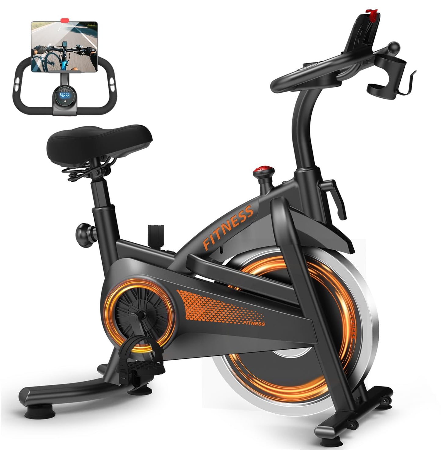 CURSOR FITNESS Exercise Bike, Brake Pad Stationary Bike for Home with Exclusive App, Stationary Bikes for Home with 300 lb Weight, Indoor Cycling Spin Bike Workout Bike with Extra Comfort Seat
