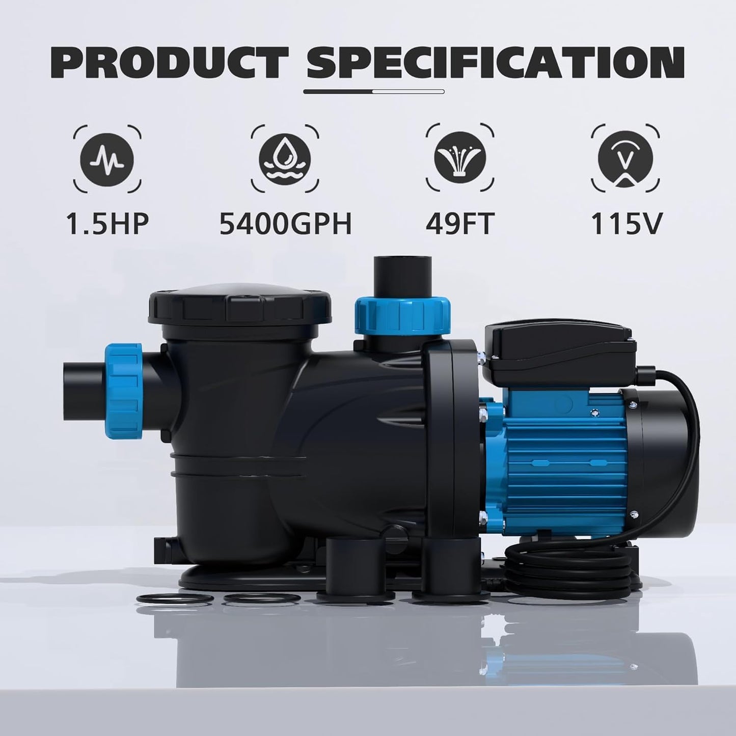 BOMGIE In/Above Ground Pool Pump, High Flow Powerful Self Priming Pool Pump with Timer,1.5 HP 5400GPH 115V