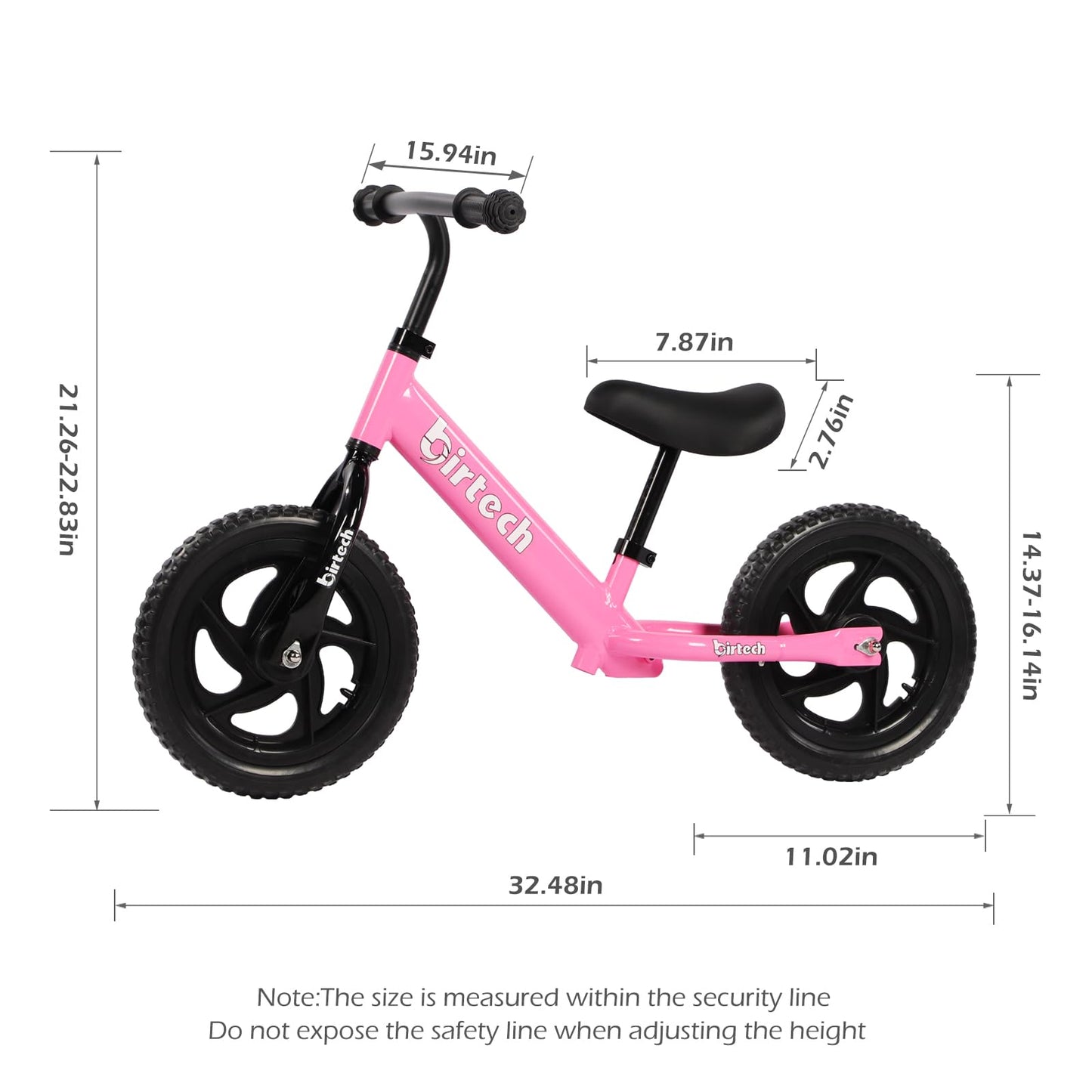 Birtech 12 Inch Toddler Balance Bike for Kids 2-6 Years Old, Adjustable Seat Height, Indoor Outdoor Toy Bicycle With No Pedals, Pink
