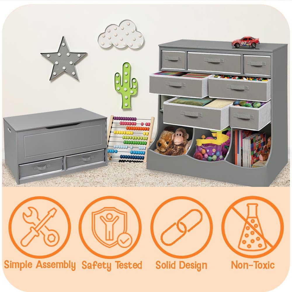 Badger Basket Multi-Bin Storage Cubby for Kids - Toy Organizer with 3 Cubbies, 2 Open Shelves, Display Top for Playroom or Bedroom - Storage Unit for Toys, Books & More - Gray