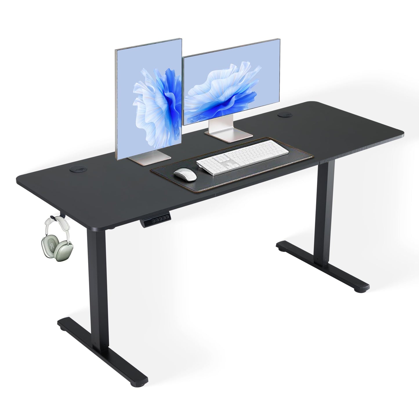 Hexago 63 x 24 Inch Electric Standing Desk, Height Adjustable Sit Stand Desk with Splice Board, 3 Memory Presets, Dual Hooks, Sturdy T-Leg Frame – Black