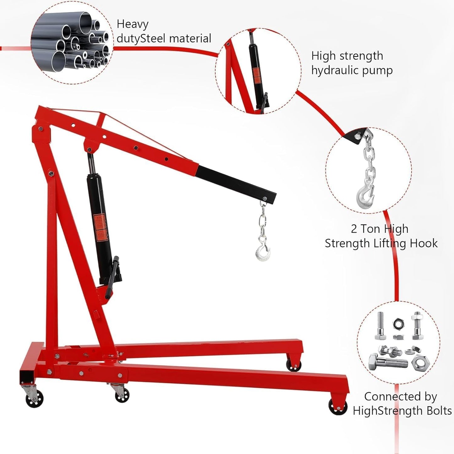 PeacefulHues 2 Ton Engine Hoist, 4400 LB Mobile Cherry Picker Engine Lift Hydraulic Tilting Engine Shop Crane with 6 Casters & Telescopic Boom for Garage, Workshops, Auto Repair