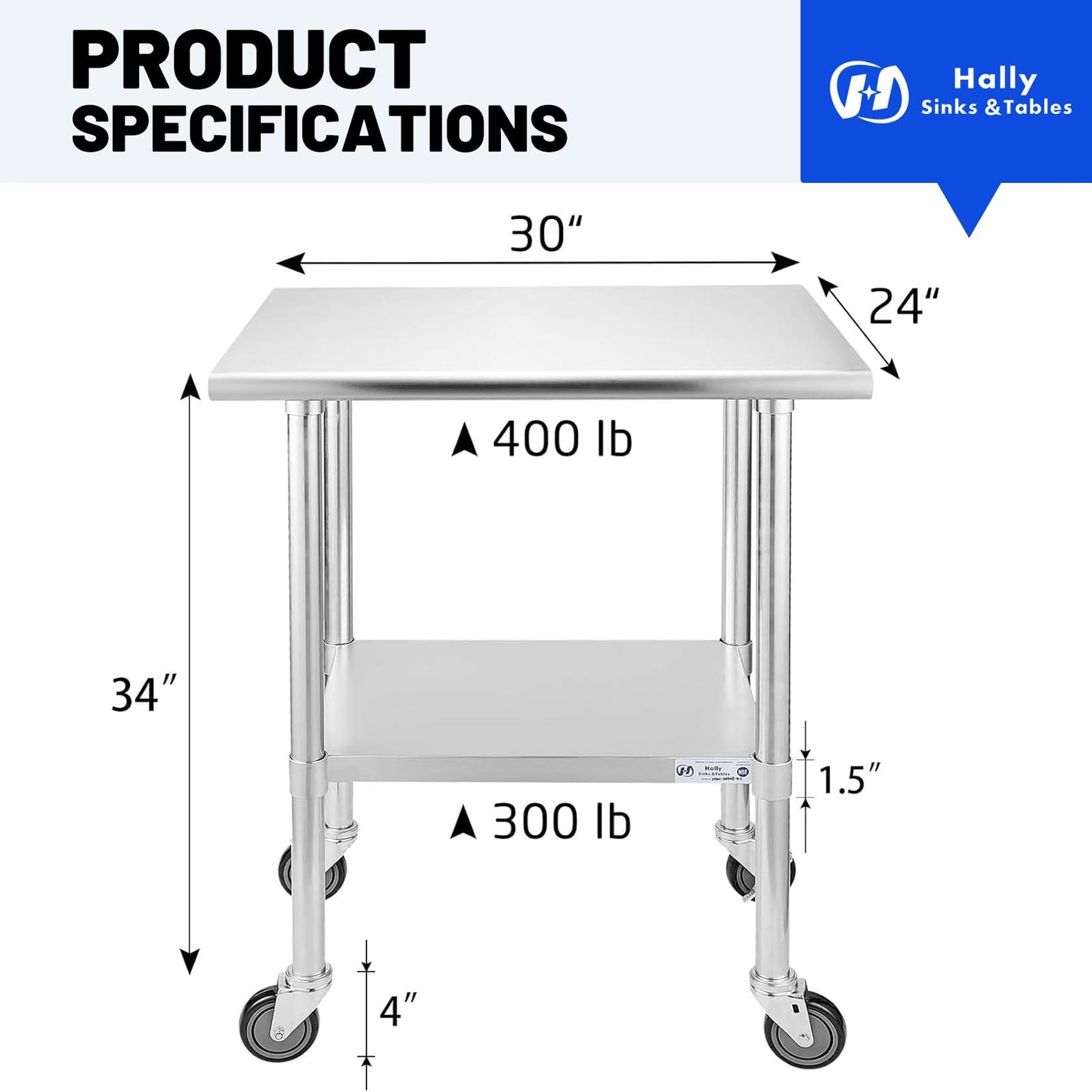 Hally Stainless Steel Table for Prep & Work 24 x 30 Inches with Caster Wheels, NSF Commercial Heavy Duty Table with Undershelf and Galvanized Legs for Restaurant, Home and Hotel