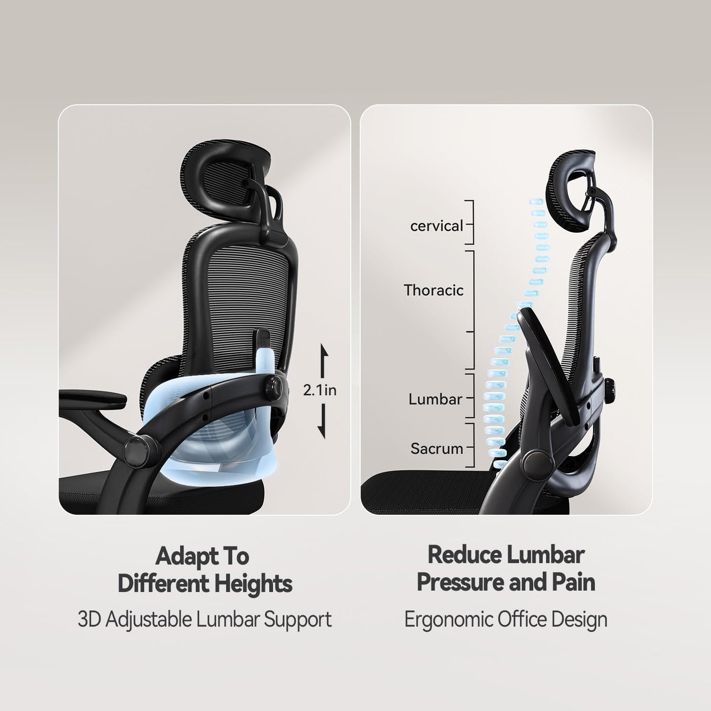 SIHOO Ergonomic Office Chair, Office Chair with Up&Down Lumbar, High Back Home Desk Chair with 3D Armrests, Computer Chair with Adjustable 2D Headrest, Tilt Function Black