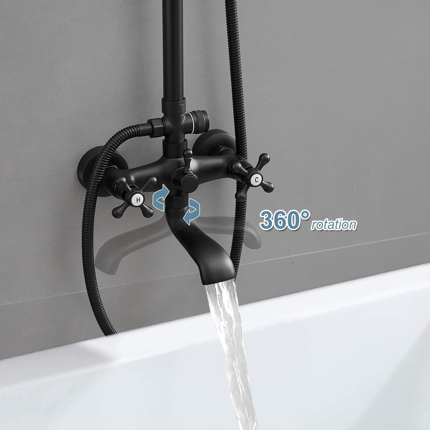 BWE Exposed Bathroom Shower Faucet Set Black Bathroom Shower Faucet Triple Functions 8 Inch Rainfall Shower Head Handheld Spray with Tub Spout Exposed Shower System Double Handle