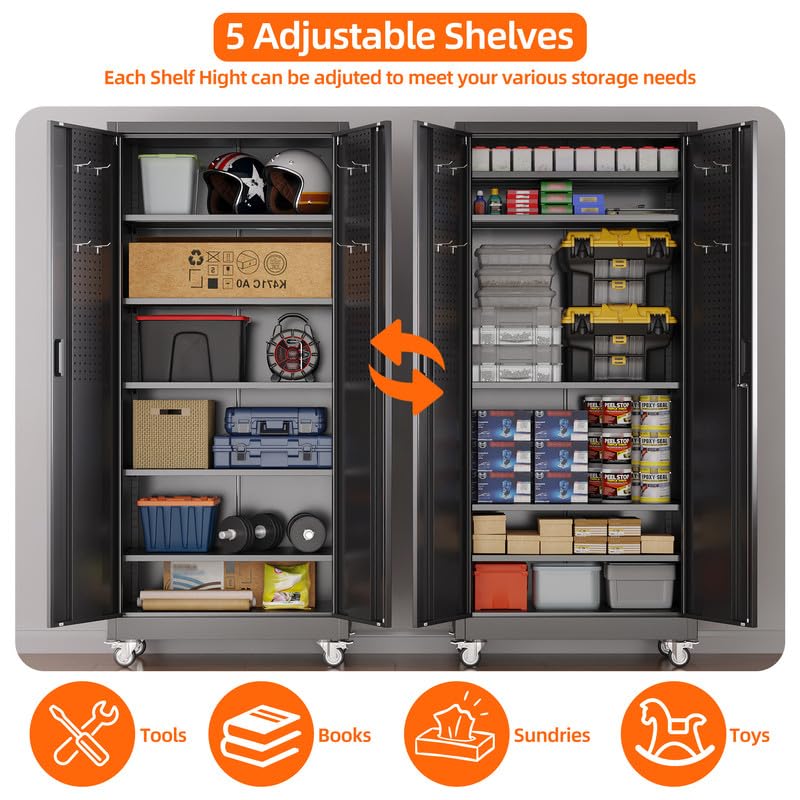 Aobabo Garage Storage Cabinet with Door Pegboard,Lockable Metal Storage Cabinet with 5 Adjustable Shelves for Garage Home,Required Assembly,Black