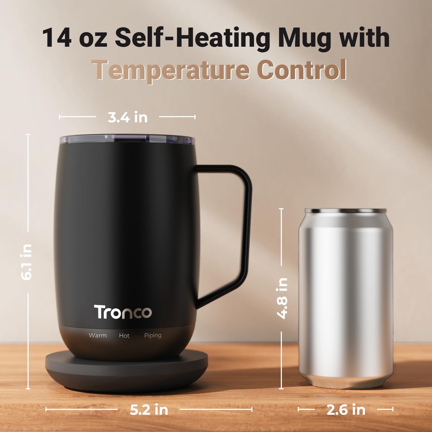 Tronco Temperature Control Heated Coffee Mug 14 oz – Rechargeable Self-Heating Coffee Mug with Lid – Manual Control, 3 Modes, 130 Min Battery Life, Auto Shut-Off (Blue)
