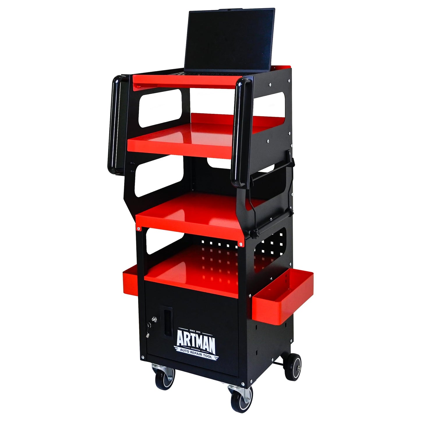 Professional 4-Tier Rolling Tool Cart with Locking Cabinet, Heavy-Duty Steel Detailing Cart for Mechanics, Mobile Garage & Workshop Storage