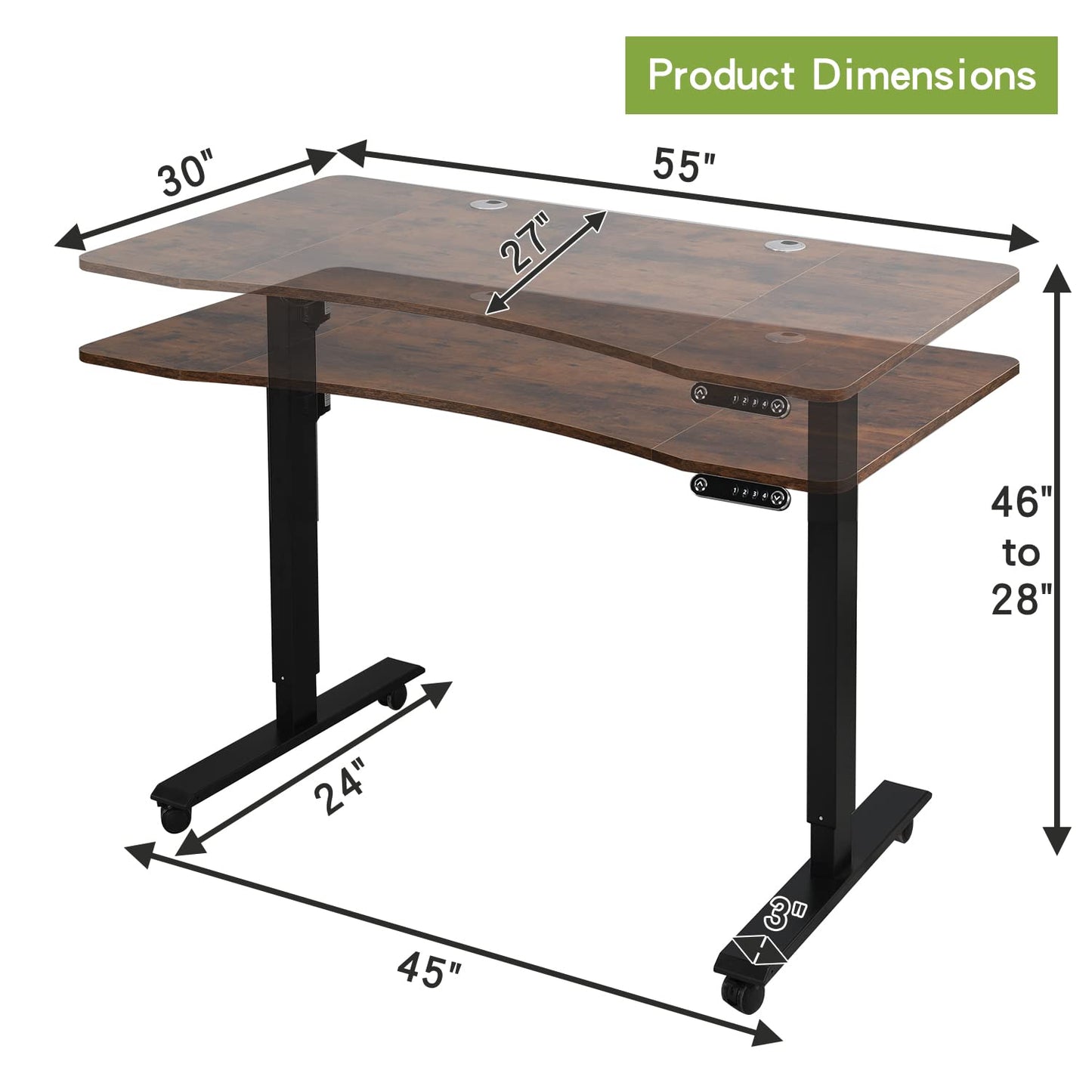 Radlove Electric Height Adjustable Standing Desk, 55'' x 30'' Stand Up Desk Workstation, Splice Board Home Office Computer Standing Table Height Adjustable Computer Desk Rustic Brown Top+Black Frame