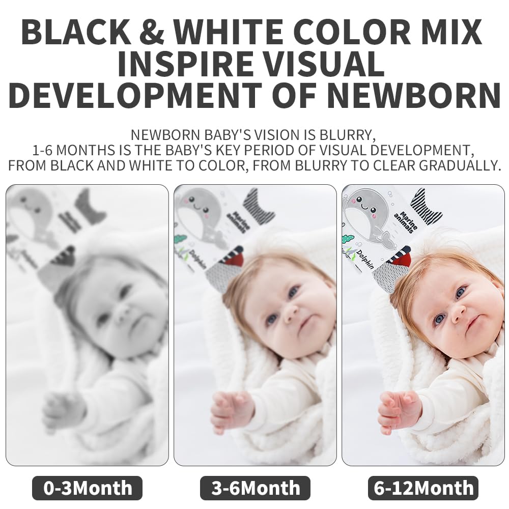 Baby Hanging Rattle Toys, Black and White High Contrast Baby Toys, Stroller Mobile Toy with Soft Plush Animal Rattles and Soothing Sounds, 4 Pack (Animal)