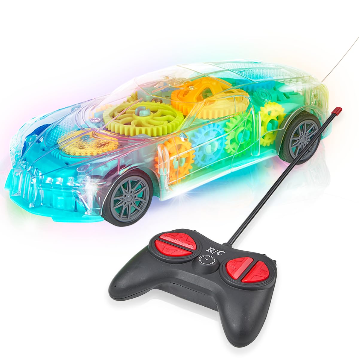 Playbees Light-Up Transparent Car with Remote Control, Toys for Autistic Kids Ages 3-5 Sensory Activity for Kids with Autism Special Needs Toys, Bump and Go Toys for Toddlers Music and LED Effects