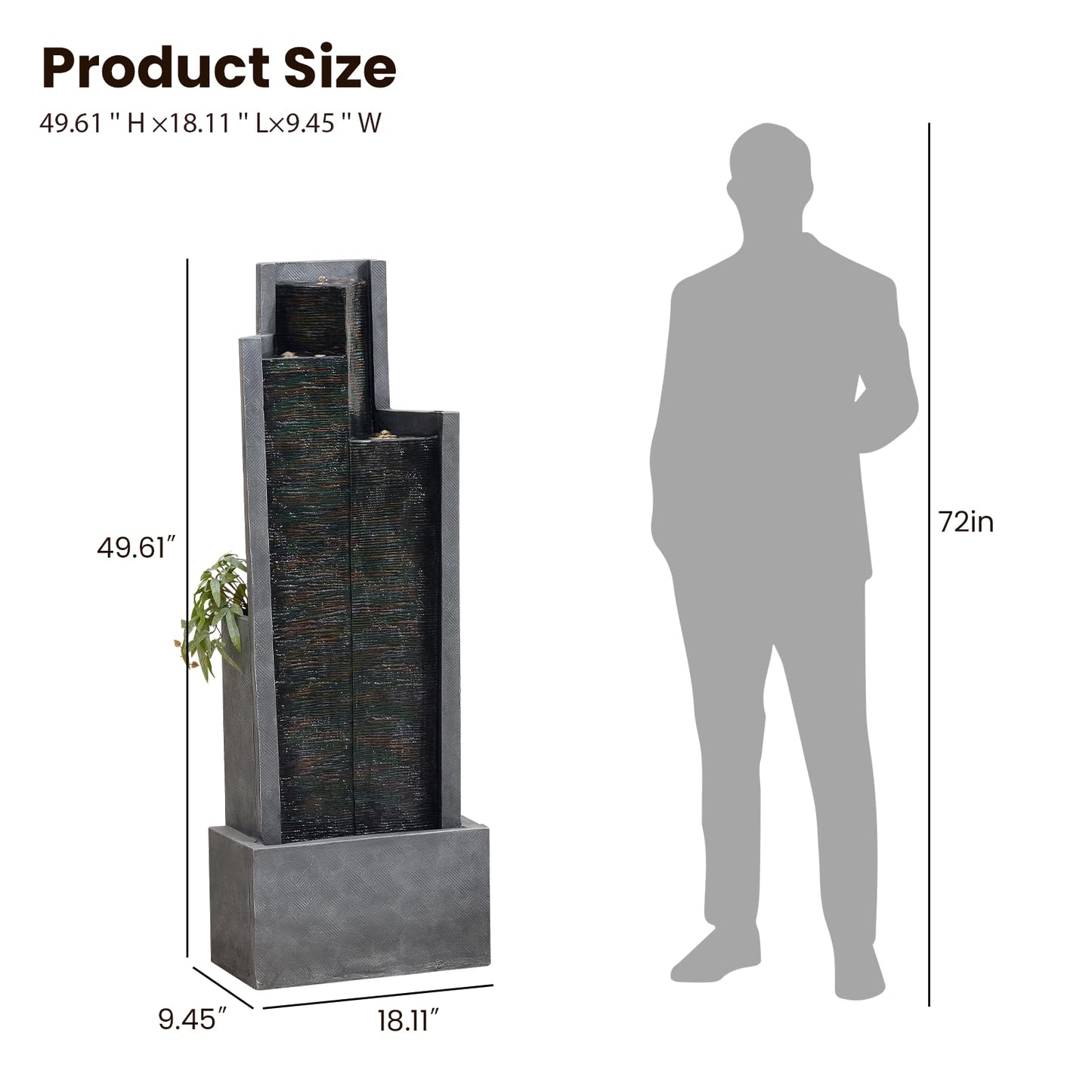 49.6" H Garden Fountains Outdoor Modern Cascading Indoor Water Fountain Tall Floor - Standing Fountain with Lights for Garden, Patio, Yard, Deck and Home Art Decor