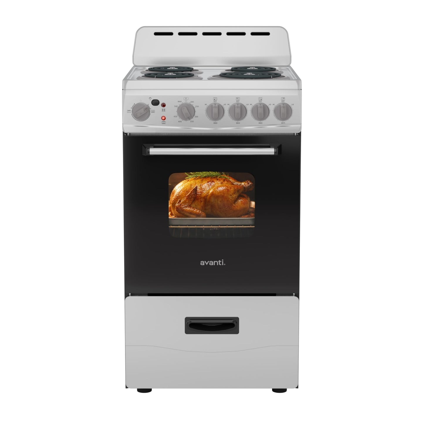 Avanti Electric Range Oven Compact Design, 2.1-Cu.Ft. Capacity with 4 Coil Burners, Framed Glass Oven Door, Storage Drawer and Broiler with Pan Perfect for Apartments, 20-Inch, Stainless Steel