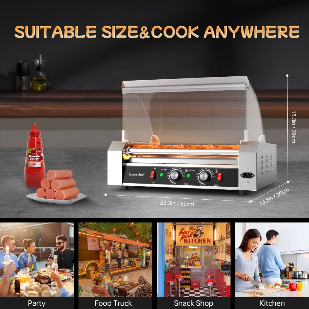 Leconchef Hot dog roller machine Commercial Grade Stainless Steel Electric 24 Hot Dog 7 Roller Grill Cooker Machine with Detachable Glass Cover、Dust cover and LED Lights, 1200-Watts