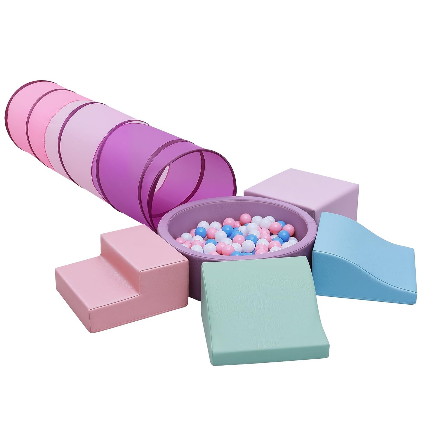 Hoohtoot Foam Climbing Toy for Toddler：with 4-Piece PU Leather Climbing Blocks, a Baby Ball Pit and Play Tunnel - Climb and Crawl Soft Play Set - Kids Crawling Obstacle Course Indoor Jungle Gym