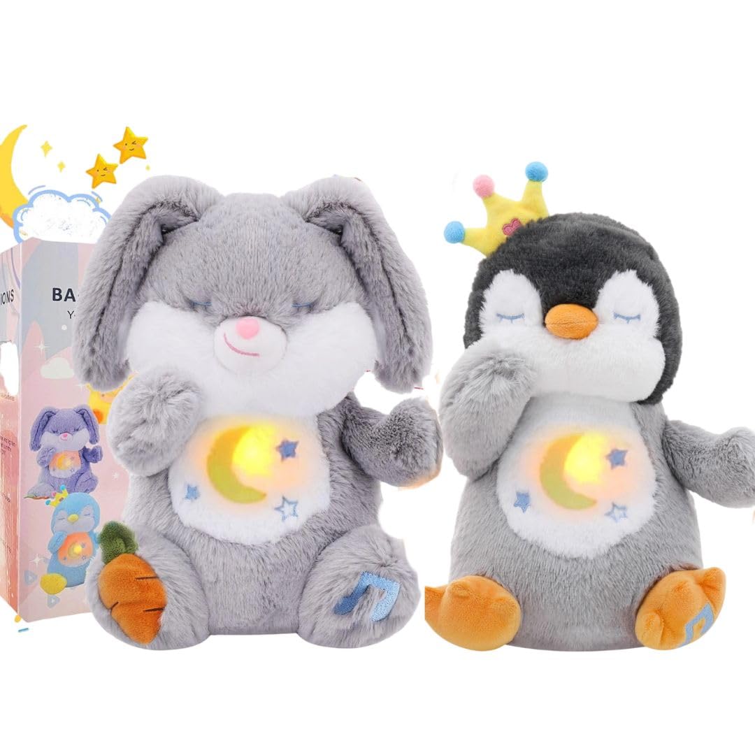 MILEGI Breathing Stuffed Animal, Soothe Snuggle Penguin & Bunny Plush, Sleep Buddy Soothing Breathing Plush for Anxiety Adults and Kids, Penguin Plushie with Realistic Breathing and Lights Music