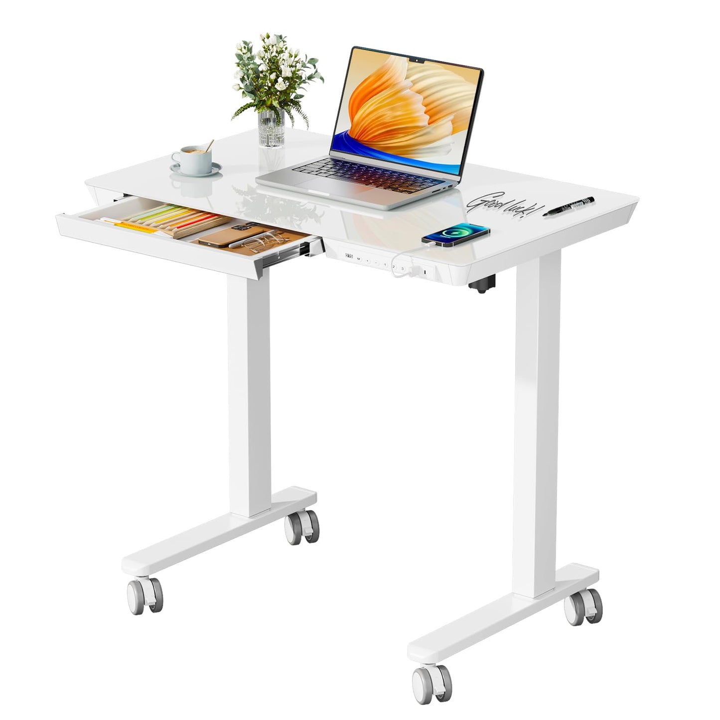 JYLH JOYSEEKER Glass Small Standing Desk with Drawer, 31.5" x 20" Whole Piece Electric Sit Stand Table, Height Adjustable Desk with Storage & USB Ports, Quick Install Home Office Computer Desk, White