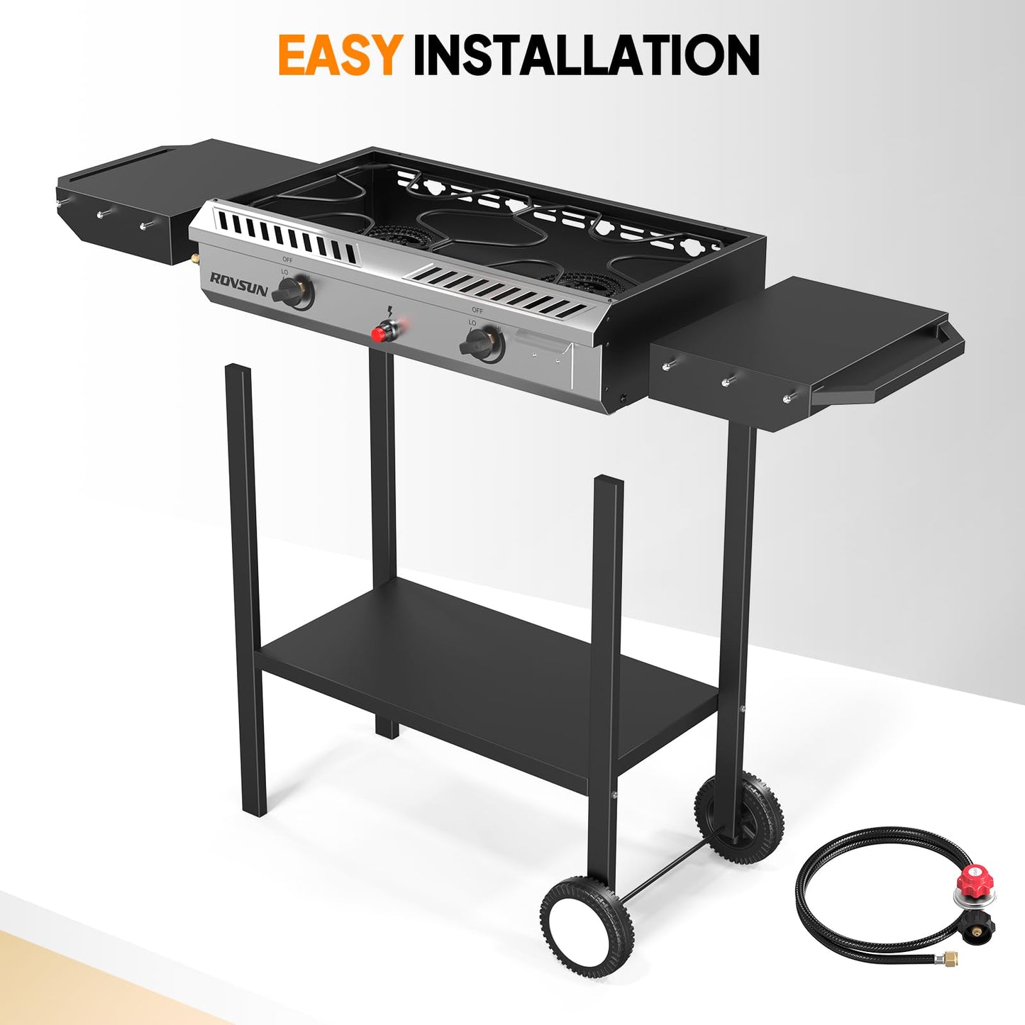ROVSUN 2 Burner Outdoor Propane Gas Stove with Auto-ignition, Regulator & Side Shelves, 150,000 BTU Powerful Stand Cooker for Backyard Patio Cooking Home Brewing Canning Turkey Frying