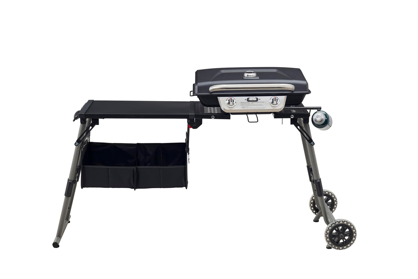 Cuisinart Prep ‘N Go Folding Gas Grill, Portable Stand-Up Propane Grill with Compact Fold and Storage Tote, Wheels and Side Table, 18,000 BTUs for Camping, Tailgating, Outdoor Cooking