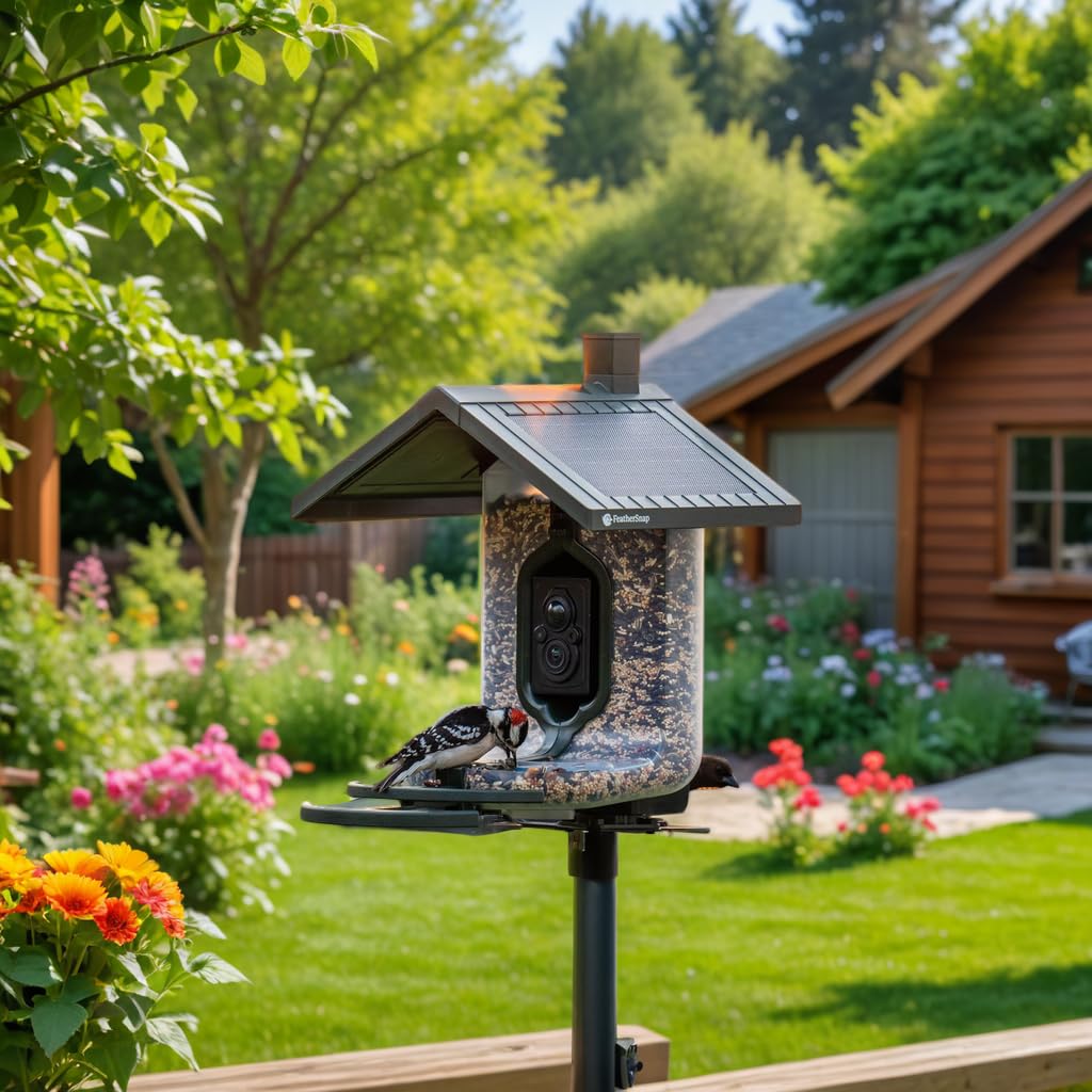 Feathersnap Smart Bird Feeder with AI Identification & HD Camera – Solar-Powered Wi-Fi Feeder Sends Photos & Videos to Your Phone – Includes Pole Mount, Bird Seed, 32GB SD Card, & Cleaning Cloth