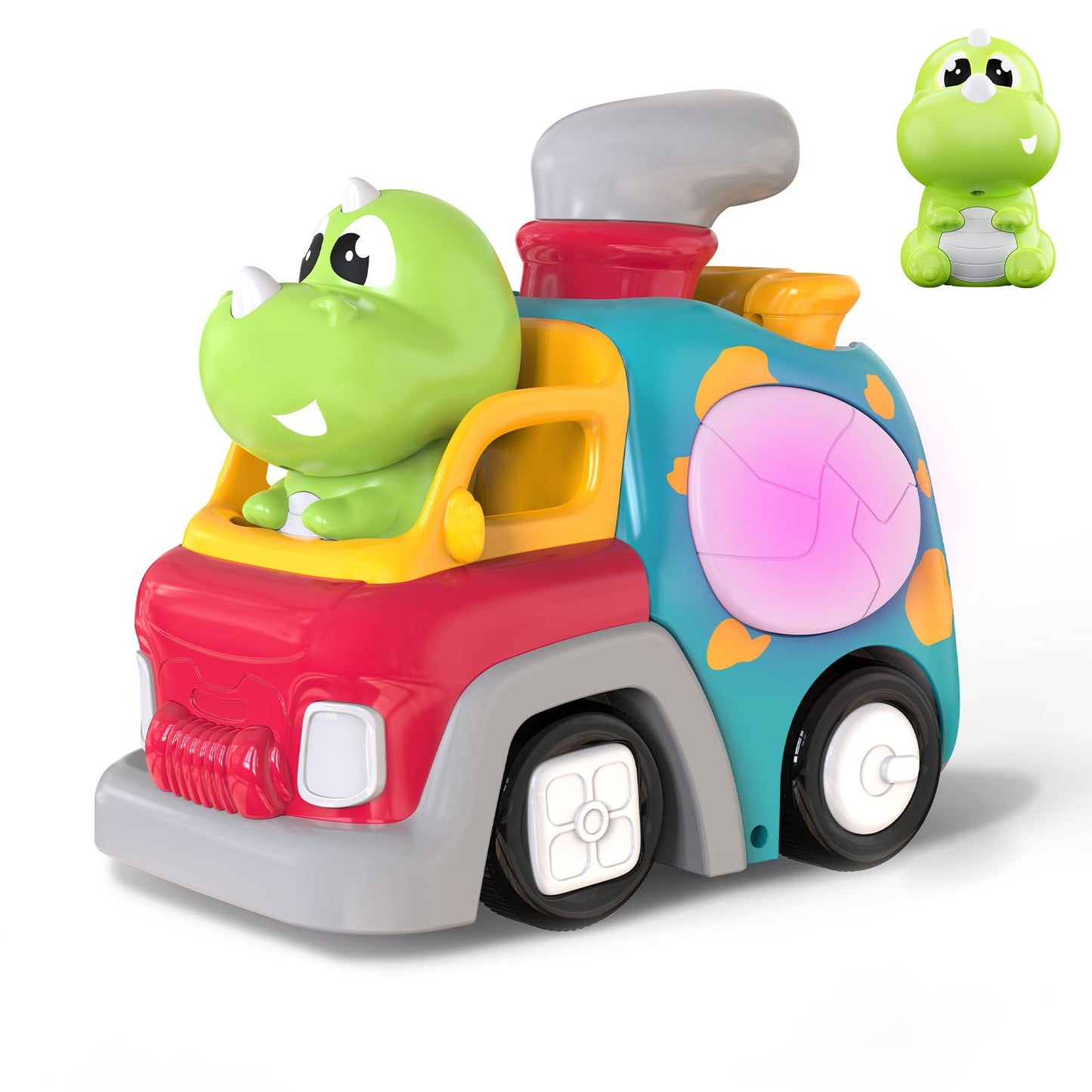 P&C Dinosaur Truck Toys for 1 2 3 Year Old Boys Girls, 18-36 Months Baby Toy with Music & Lights, Montessori Learning Toy for Crawling Walking, Educational Push Car for Toddlers, Birthday Gift