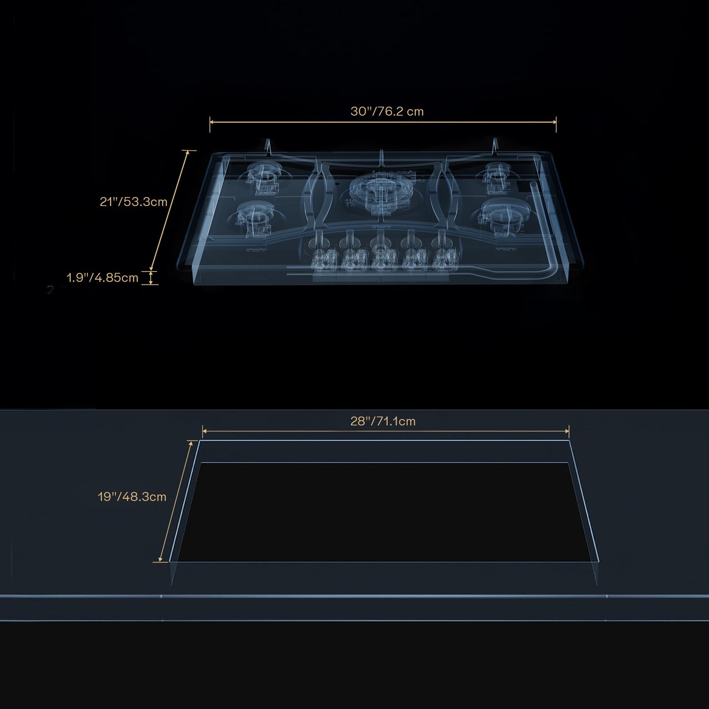 30 inch Drop-in Gas Cooktop with 5 Sealed Burners, Stainless Steel Stovetop, Dishwasher Safe Cast Iron Grates, NG/LPG Convertible, 38K BTU