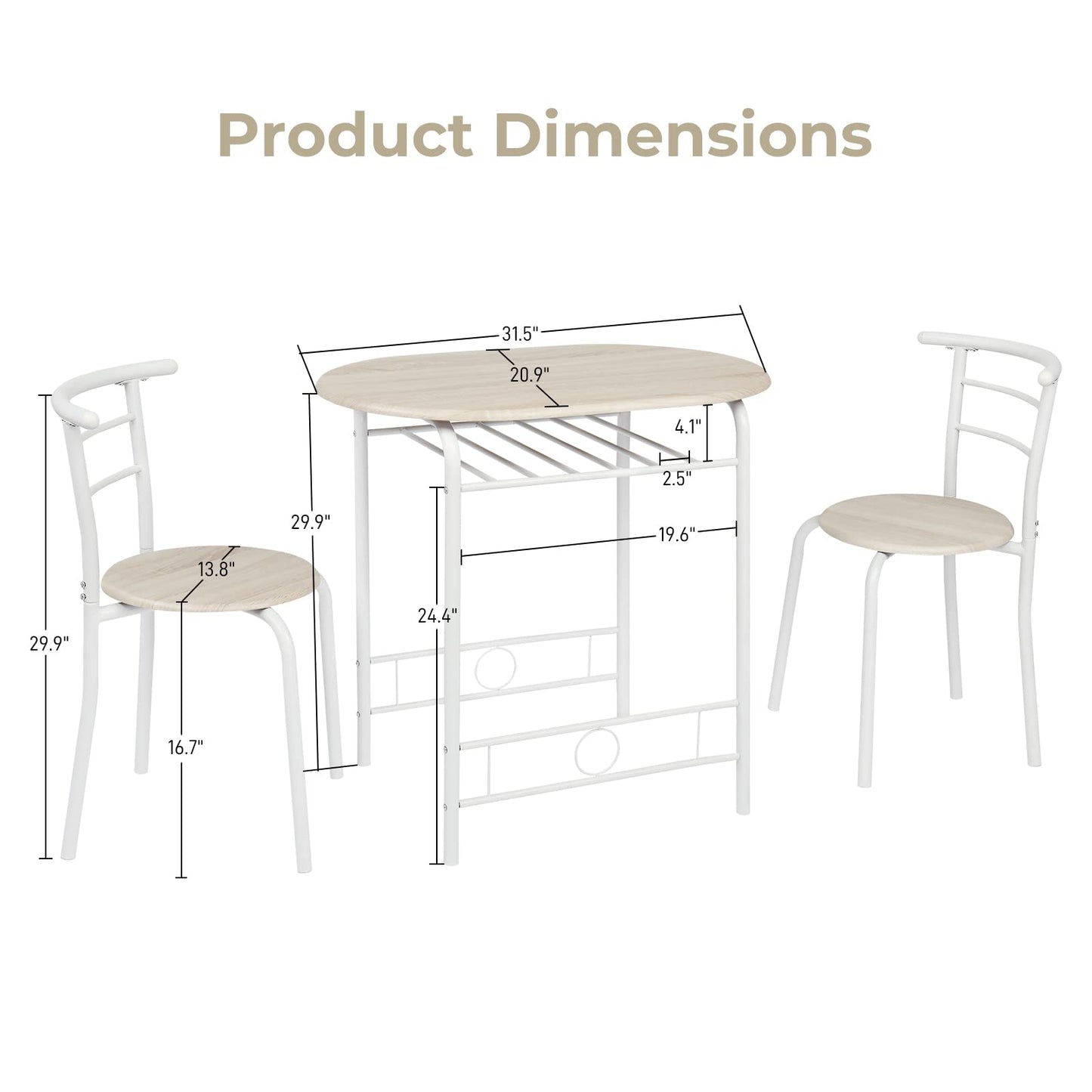 VINGLI 3 Piece Dining Set,Small Kitchen Table Set for 2,Breakfast Table Set,Kitchen Wooden Table and 2 Chairs for Small Space/Dining Room/Apartment,Metal Frame,Wine Rack,White&Light Oak