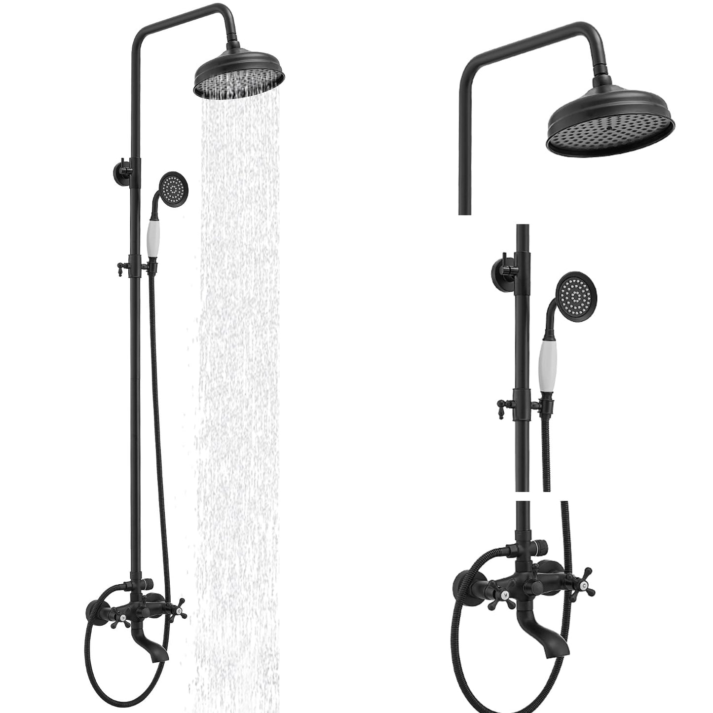 BWE Exposed Bathroom Shower Faucet Set Black Bathroom Shower Faucet Triple Functions 8 Inch Rainfall Shower Head Handheld Spray with Tub Spout Exposed Shower System Double Handle