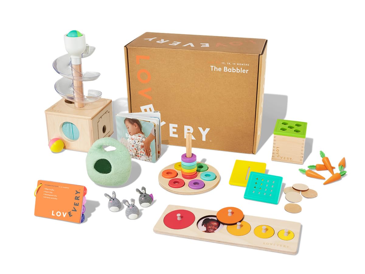 Lovevery | The Babbler Play Kit, Birthday Play Kit, Montessori Toddler Toy, 8 Play Products, 1 Board Book, and Play Guide (Best Birthday Gift for 1 Year Old), Medium