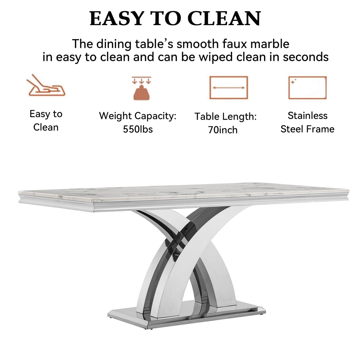 68" White Marble Dining Table Set for 6, Modern 7-Piece Faux Marble Kitchen Dining Room Table Set w/Steel X-Base & 6 Grey Velvet Dining Chairs, Luxury Silver Kitchen Table and Chairs Set of 6