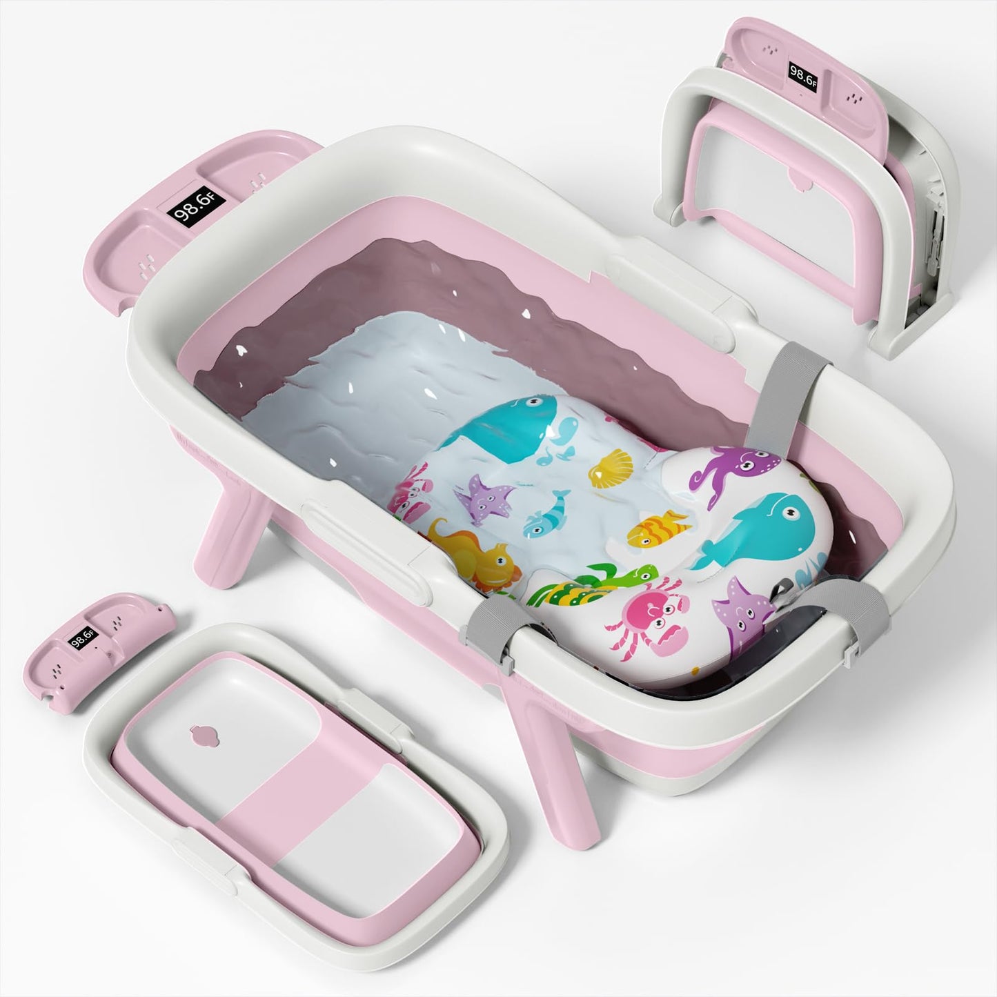 EverKiddo Collapsible Baby Bathtub, Laege Infant Bath Tub with Thermometer & Cute Soft Cushion for Newborn to 36-Month Toddlers, Storage and Non-Slip Feet Design, Baby Bath Gift (Pink)