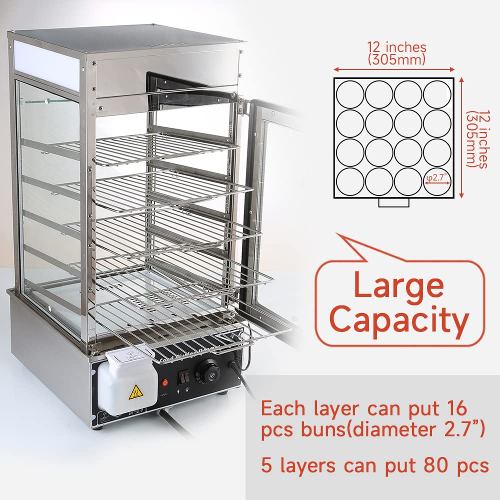 Chef Prosentials 5-Tier Electric Bun Steamer, Commercial Stainless Steel Food Warmer Display with Automatic Temperature Control, for Buns, Baozi, Siomai, Corn, Buffet, Kiosk, Restaurant