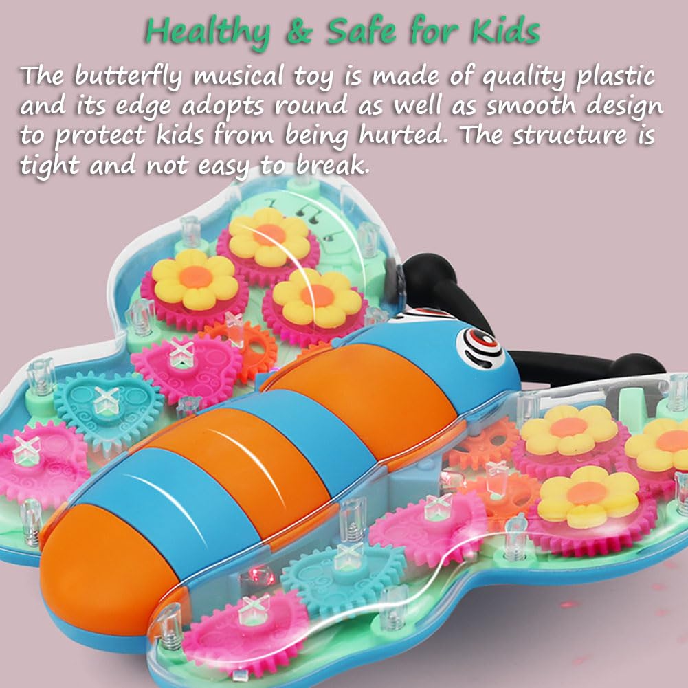 Miracland Transparent Gear Butterfly Toy, Light-up Bump & Go Car Toy Toddler Musical Toy 3D Gears Butterfly Crawling Toy for Kids with Lights and Music